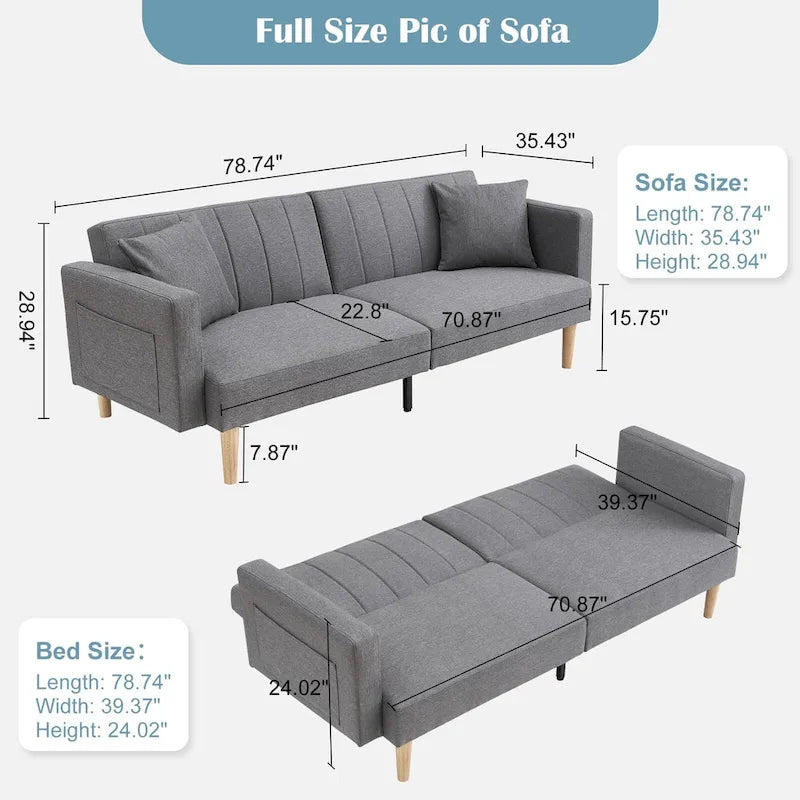 Canapé-lit pliable 3-en-1 en tissu gris foncé/gris clair avec poches de rangement latérales – Convient pour 2 personnes