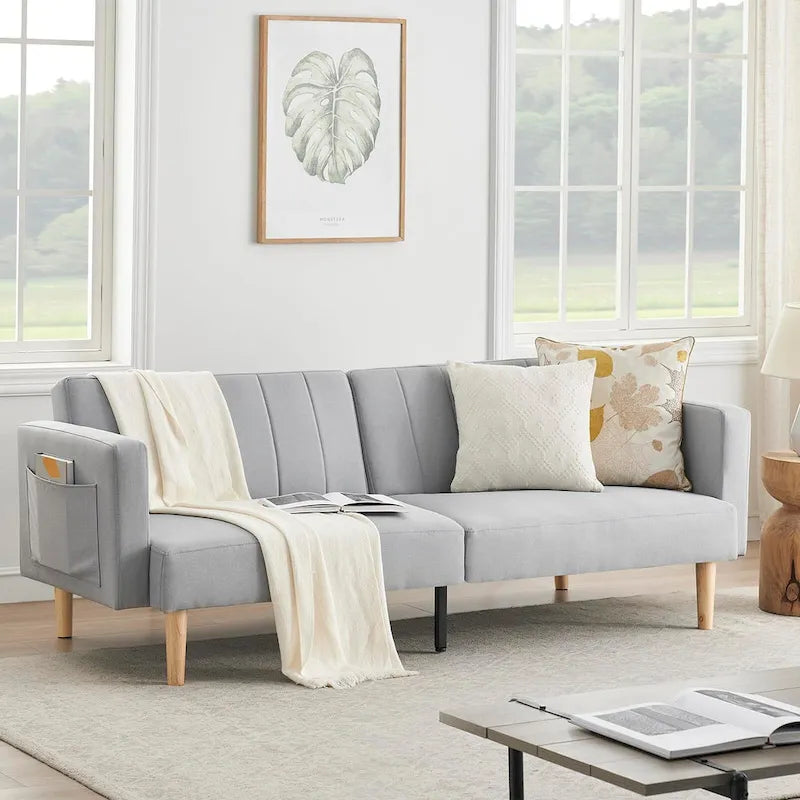 Canapé-lit pliable 3-en-1 en tissu gris foncé/gris clair avec poches de rangement latérales – Convient pour 2 personnes