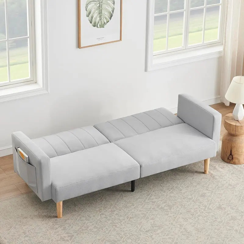 Canapé-lit pliable 3-en-1 en tissu gris foncé/gris clair avec poches de rangement latérales – Convient pour 2 personnes