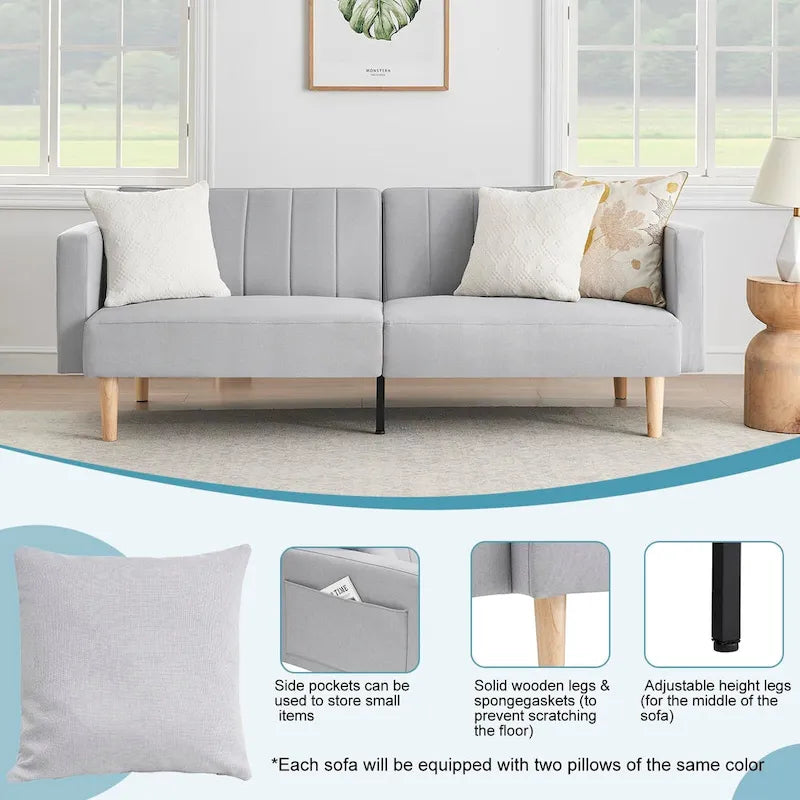Canapé-lit pliable 3-en-1 en tissu gris foncé/gris clair avec poches de rangement latérales – Convient pour 2 personnes