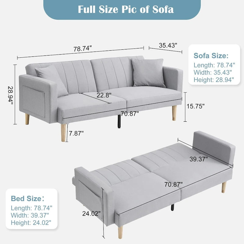 Canapé-lit pliable 3-en-1 en tissu gris foncé/gris clair avec poches de rangement latérales – Convient pour 2 personnes
