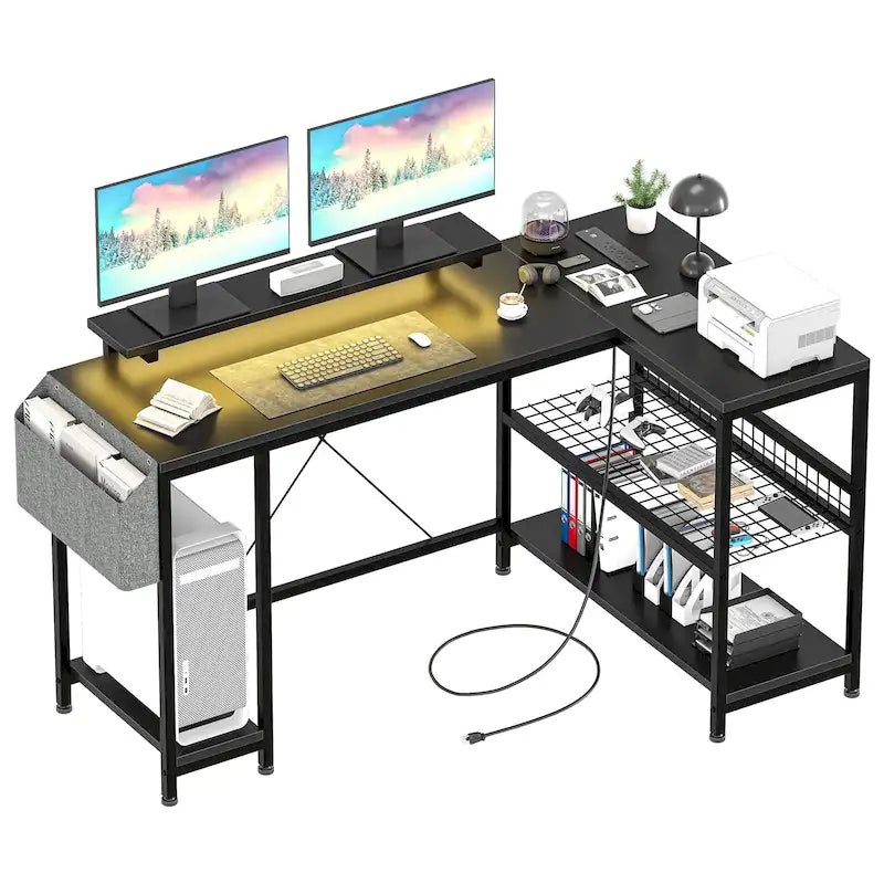 Bureau d'angle en L noir/rose/blanc/gris avec rehausseur double écran et 2 étagères - Usage unique