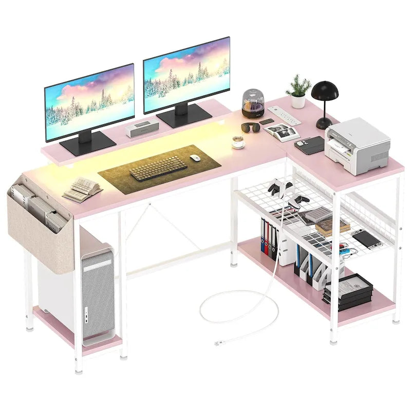 Bureau d'angle en L noir/rose/blanc/gris avec rehausseur double écran et 2 étagères - Usage unique
