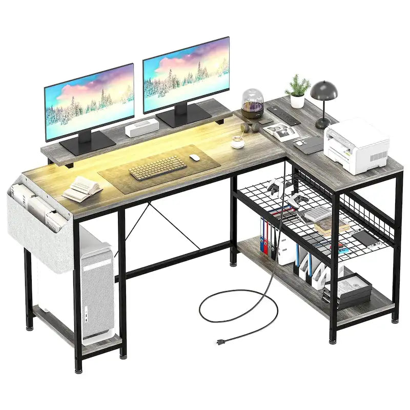 Bureau d'angle en L noir/rose/blanc/gris avec rehausseur double écran et 2 étagères - Usage unique