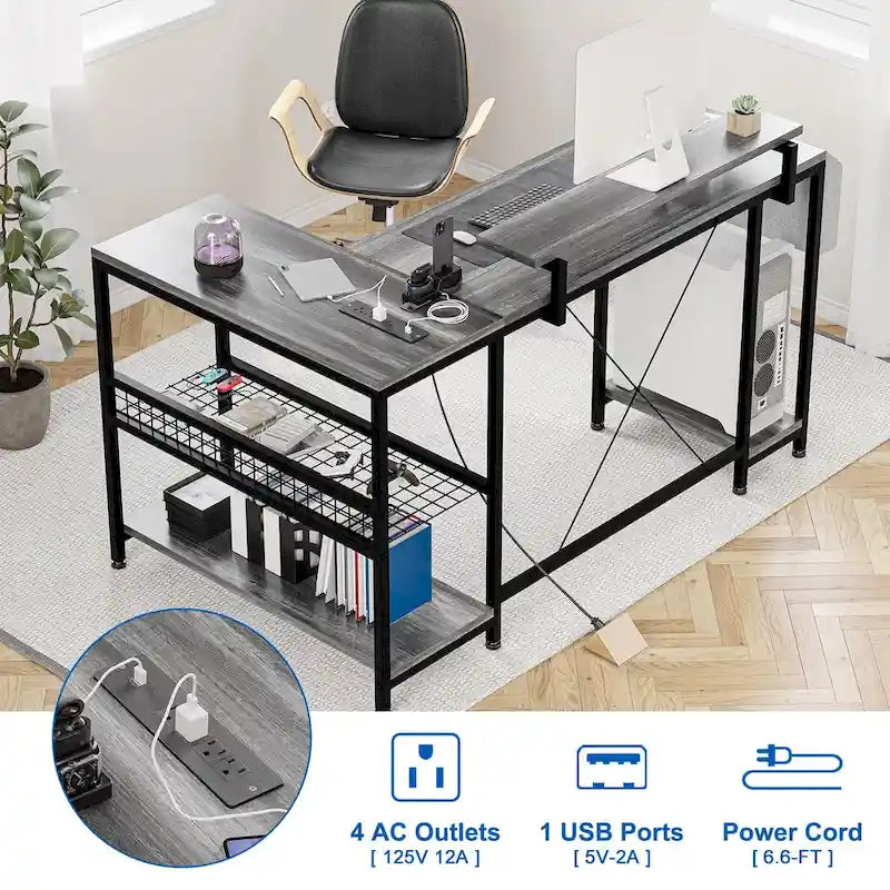 Bureau d'angle en L noir/rose/blanc/gris avec rehausseur double écran et 2 étagères - Usage unique