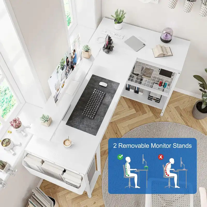 Bureau d'angle en L noir/rose/blanc/gris avec rehausseur double écran et 2 étagères - Usage unique