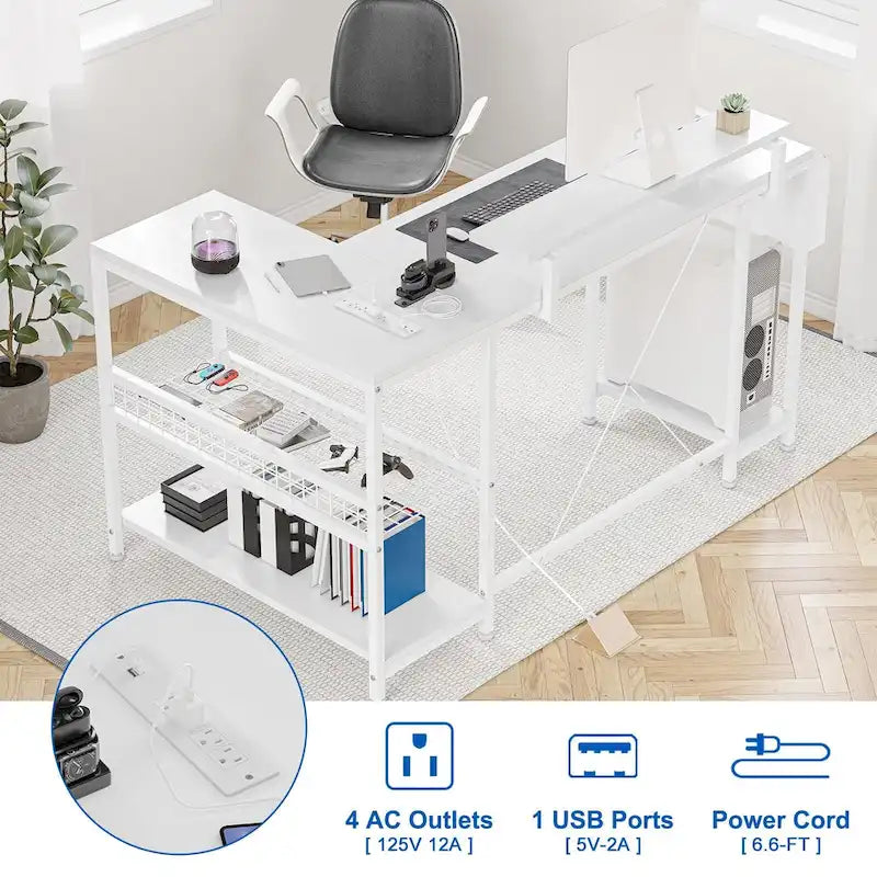 Bureau d'angle en L noir/rose/blanc/gris avec rehausseur double écran et 2 étagères - Usage unique