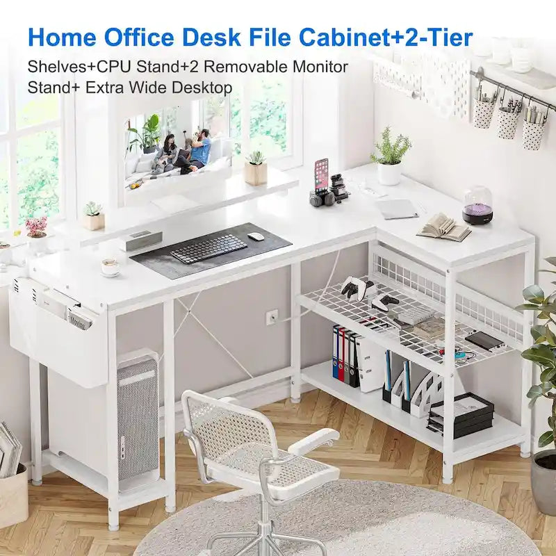 Bureau d'angle en L noir/rose/blanc/gris avec rehausseur double écran et 2 étagères - Usage unique