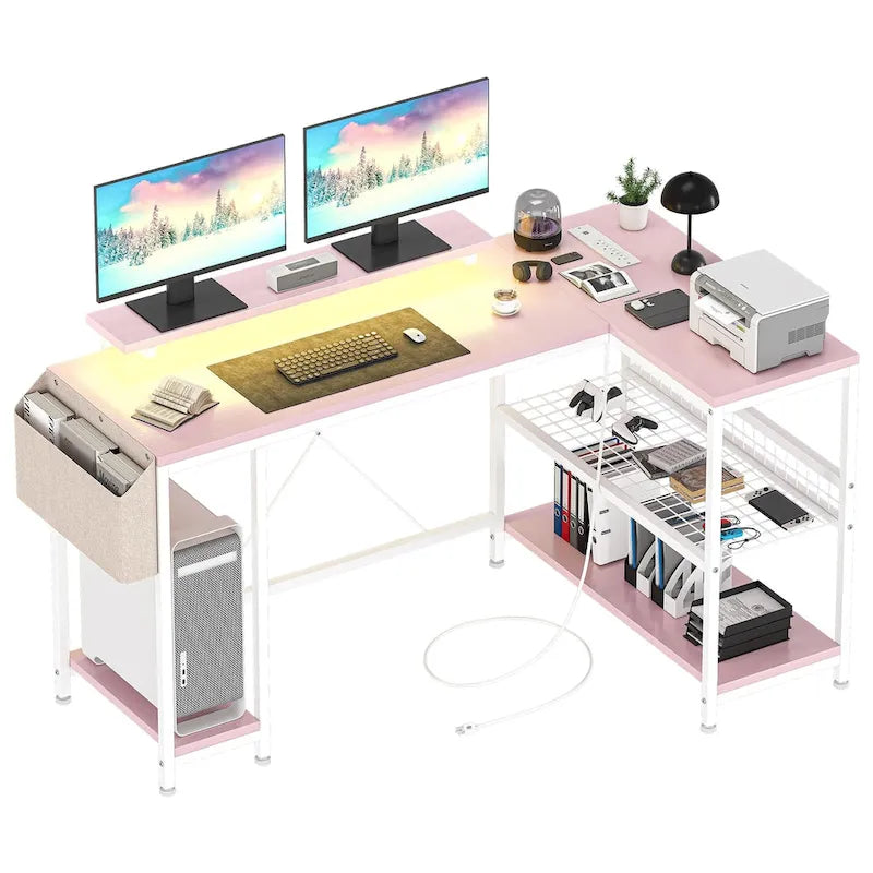 Bureau d'angle en L noir/rose/blanc/gris avec rehausseur double écran et 2 étagères - Usage unique