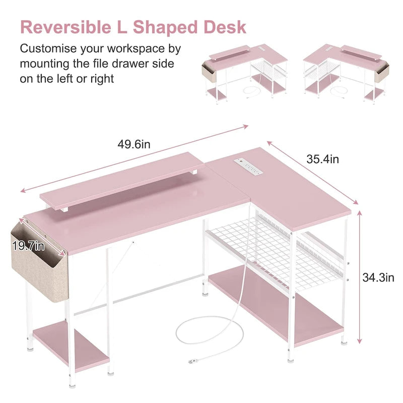 Bureau d'angle en L noir/rose/blanc/gris avec rehausseur double écran et 2 étagères - Usage unique