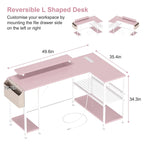 Bureau d'angle en L noir/rose/blanc/gris avec rehausseur double écran et 2 étagères - Usage unique