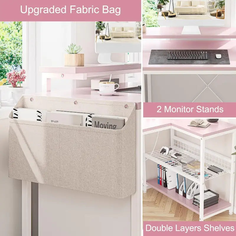Bureau d'angle en L noir/rose/blanc/gris avec rehausseur double écran et 2 étagères - Usage unique