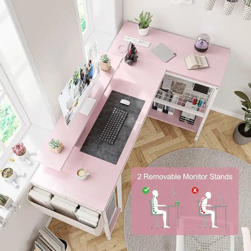 Bureau d'angle en L noir/rose/blanc/gris avec rehausseur double écran et 2 étagères - Usage unique