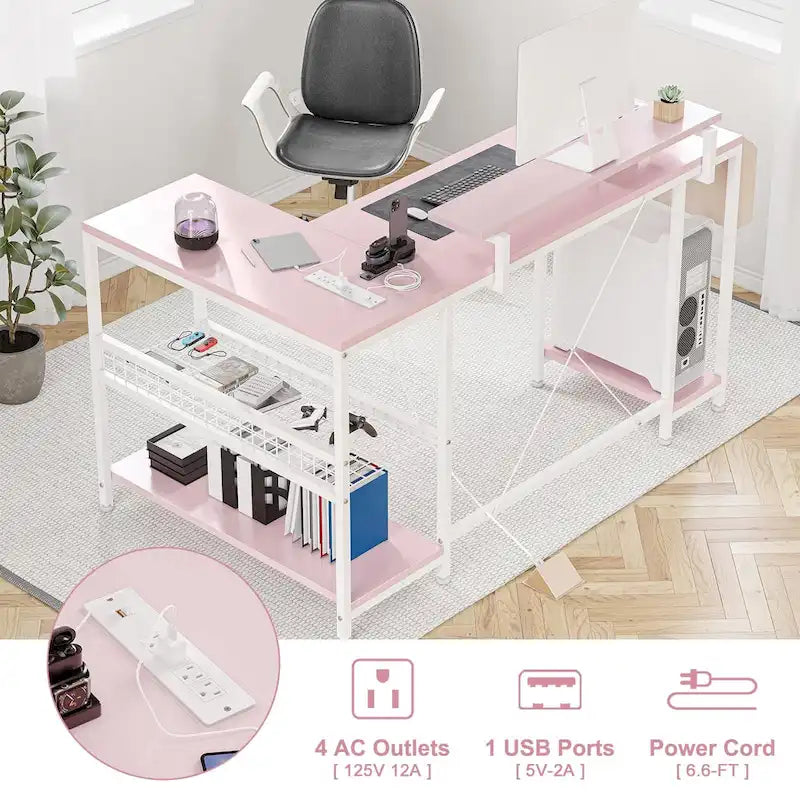 Bureau d'angle en L noir/rose/blanc/gris avec rehausseur double écran et 2 étagères - Usage unique