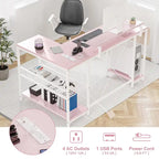 Bureau d'angle en L noir/rose/blanc/gris avec rehausseur double écran et 2 étagères - Usage unique