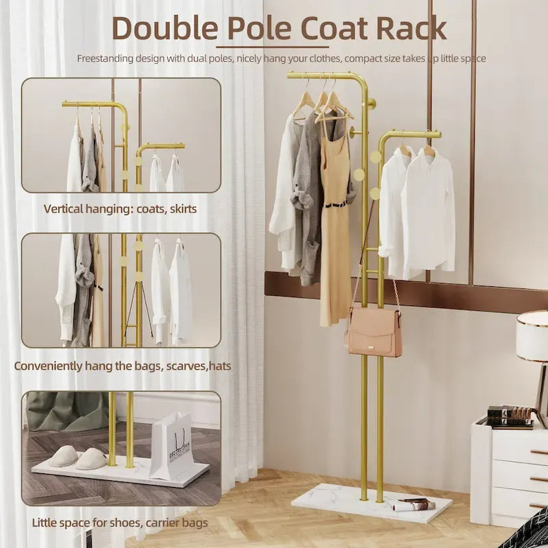 Porte-manteau autoportant or et blanc avec base en granit et 5 crochets - Usage unique