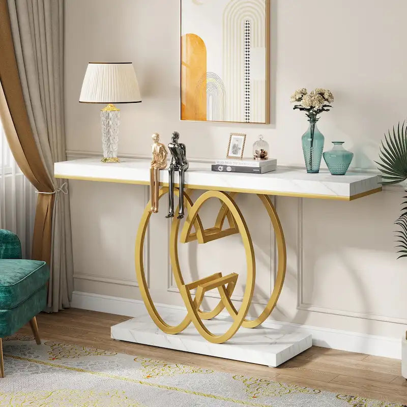 Console en faux marbre blanc et or / gris et noir avec piètement métallique géométrique - Utilisation unique