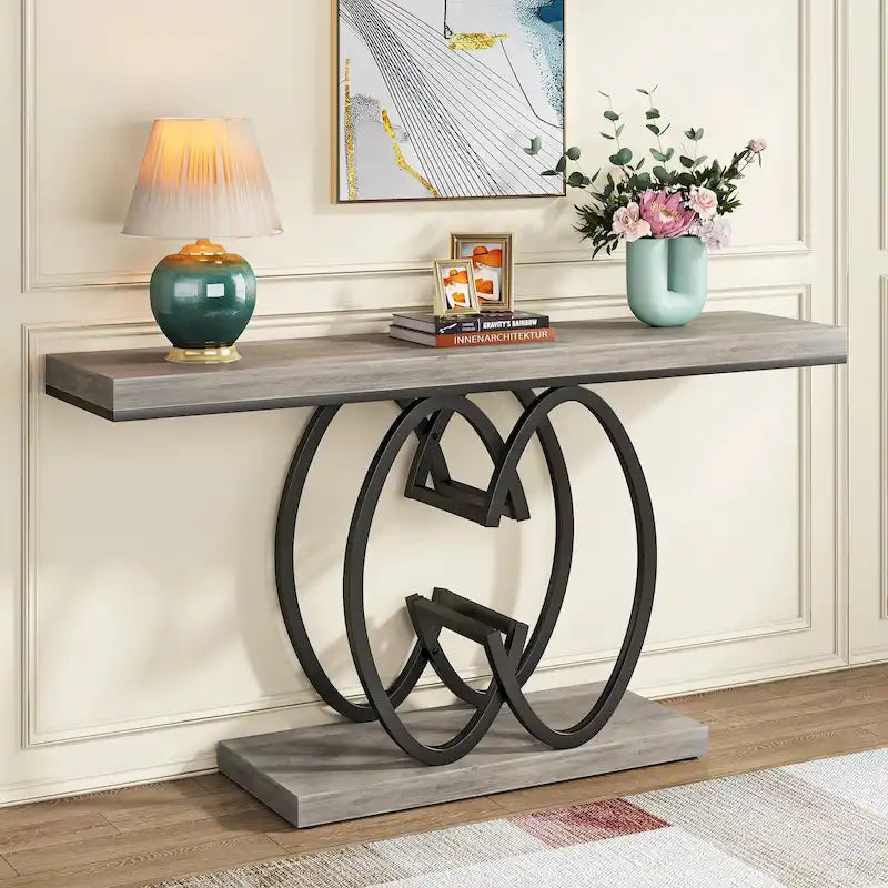 Console en faux marbre blanc et or / gris et noir avec piètement métallique géométrique - Utilisation unique