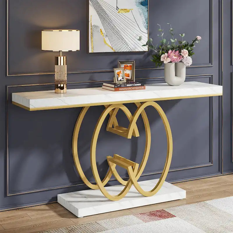 Console en faux marbre blanc et or / gris et noir avec piètement métallique géométrique - Utilisation unique