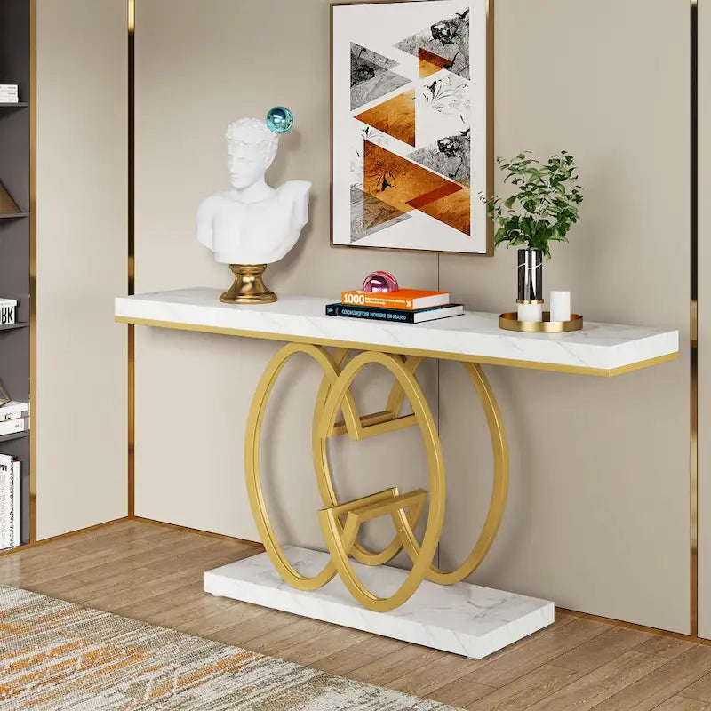 Console en faux marbre blanc et or / gris et noir avec piètement métallique géométrique - Utilisation unique