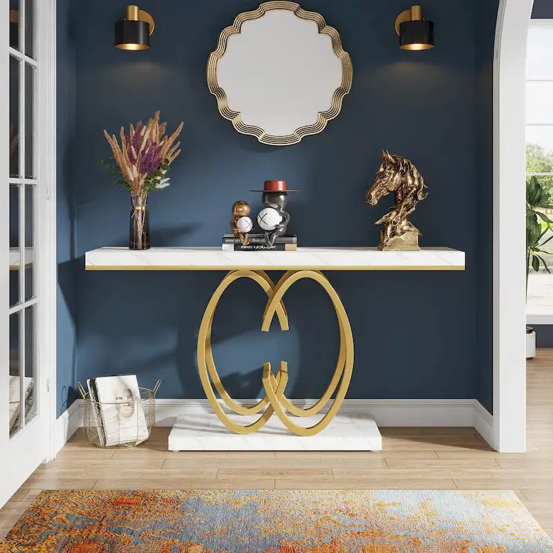 Console en faux marbre blanc et or / gris et noir avec piètement métallique géométrique - Utilisation unique
