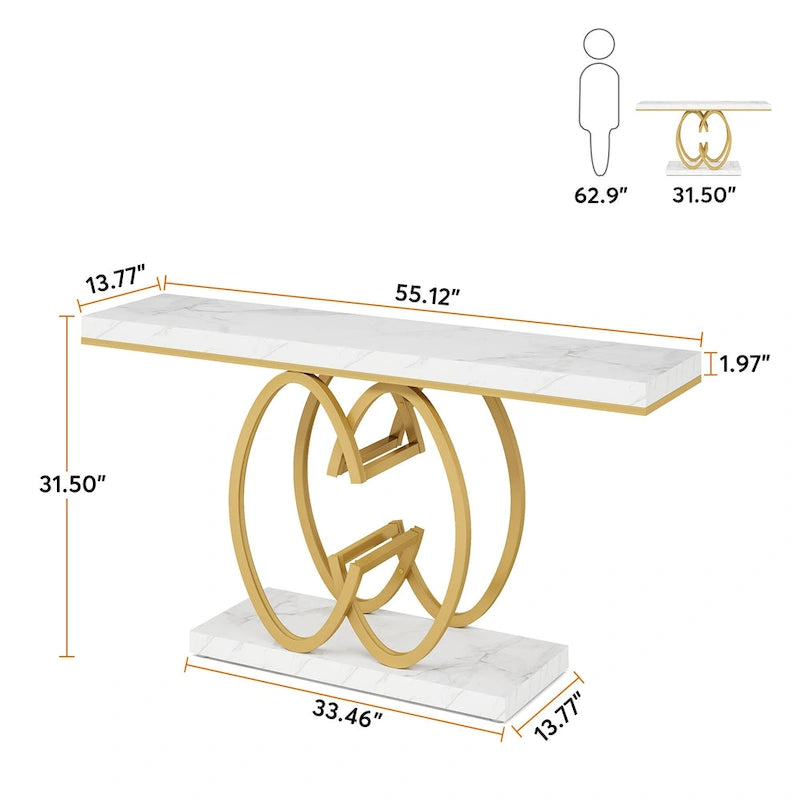 Console en faux marbre blanc et or / gris et noir avec piètement métallique géométrique - Utilisation unique