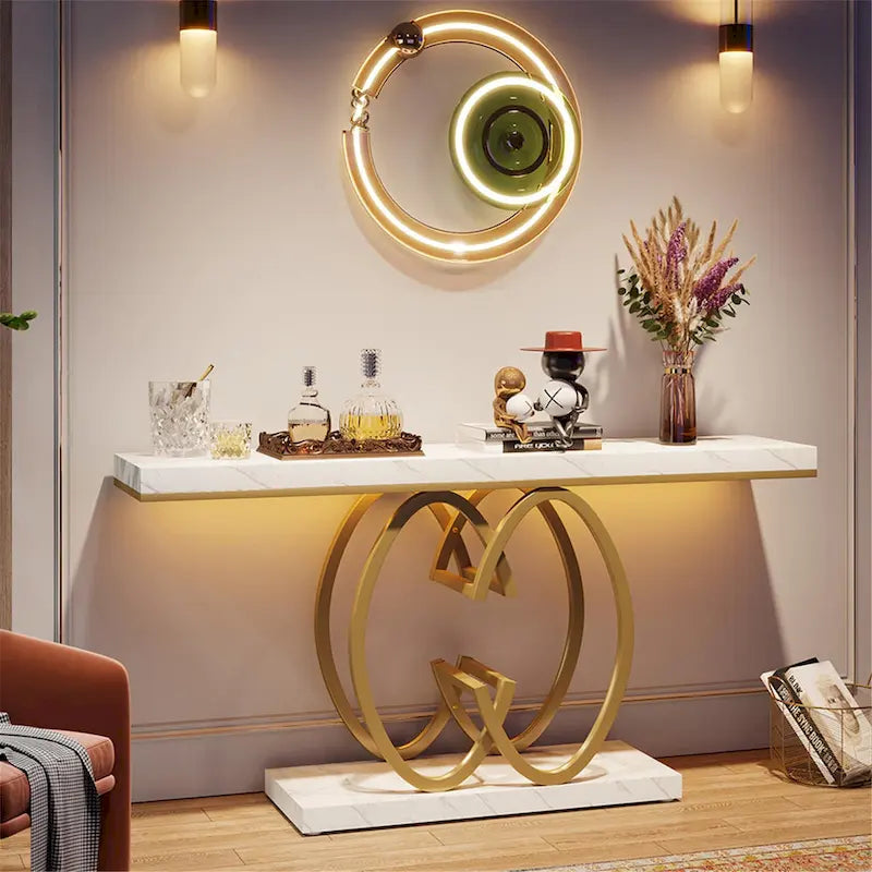 Console en faux marbre blanc et or / gris et noir avec piètement métallique géométrique - Utilisation unique