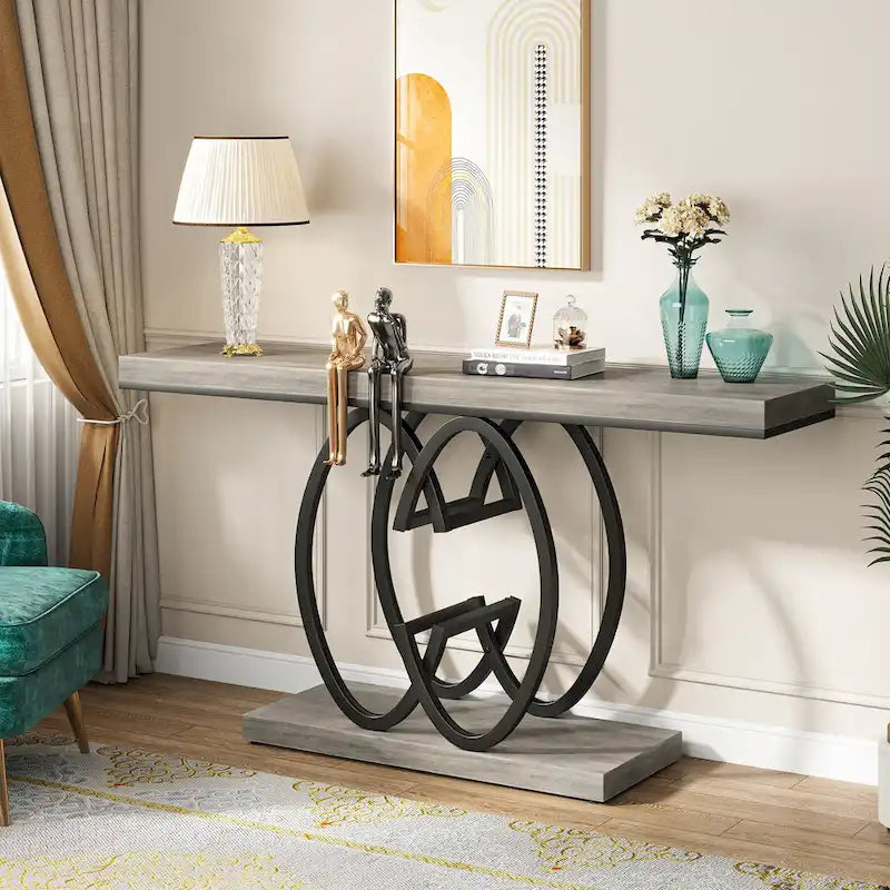 Console en faux marbre blanc et or / gris et noir avec piètement métallique géométrique - Utilisation unique