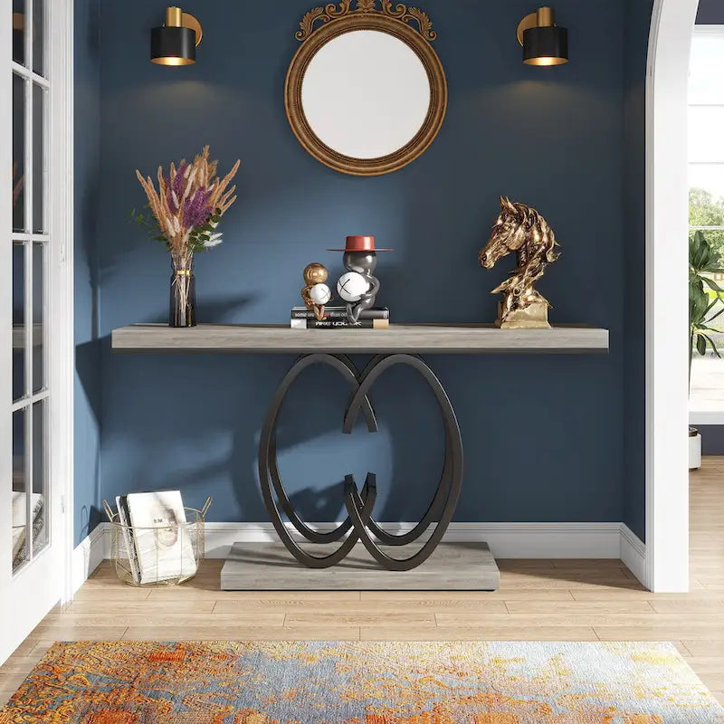 Console en faux marbre blanc et or / gris et noir avec piètement métallique géométrique - Utilisation unique
