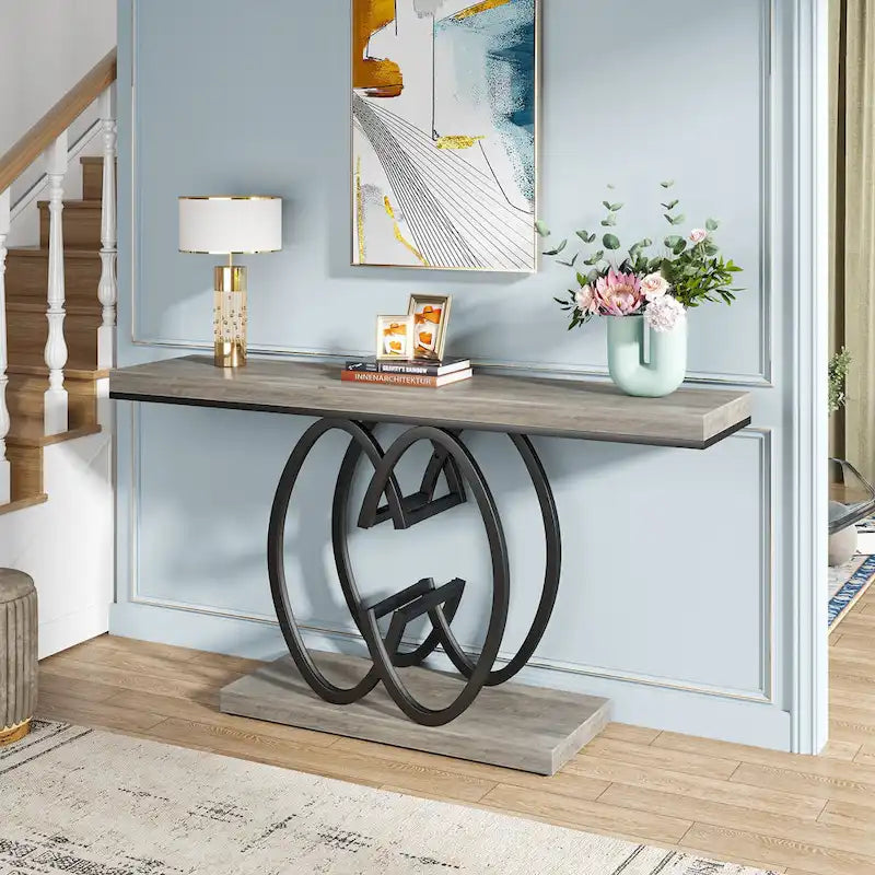 Console en faux marbre blanc et or / gris et noir avec piètement métallique géométrique - Utilisation unique