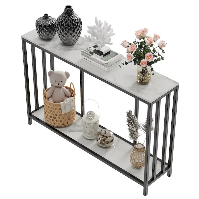Console 2 niveaux avec plateau en pierre frittée noire et blanche et structure en métal - Usage unique