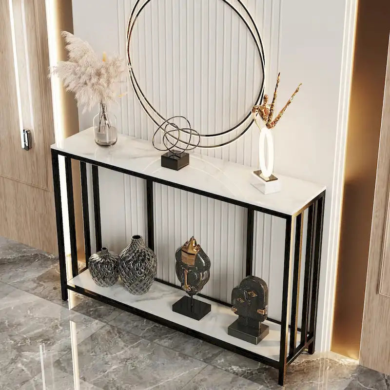 Console 2 niveaux avec plateau en pierre frittée noire et blanche et structure en métal - Usage unique