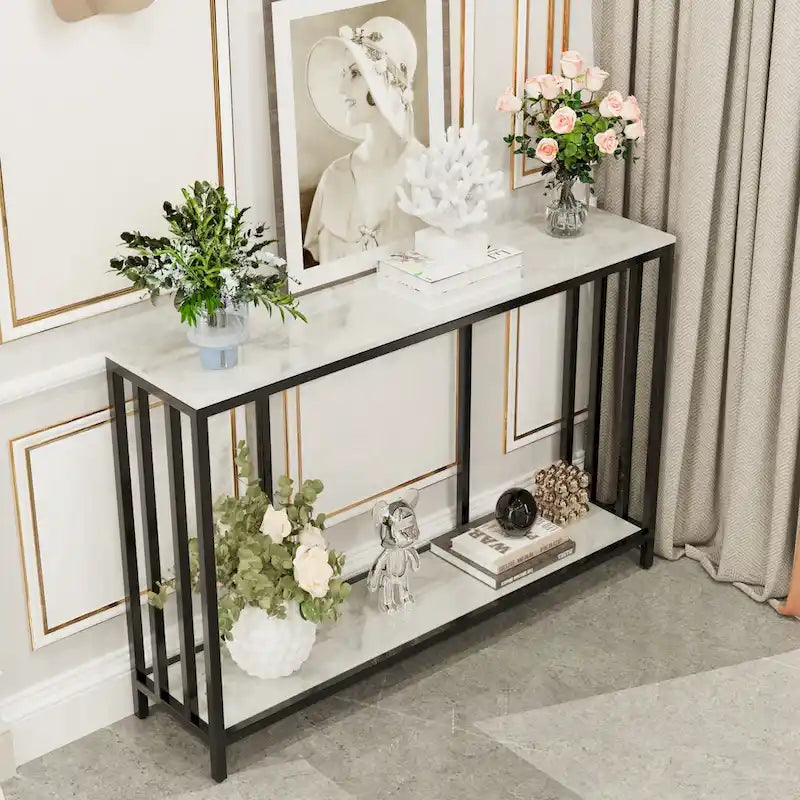Console 2 niveaux avec plateau en pierre frittée noire et blanche et structure en métal - Usage unique