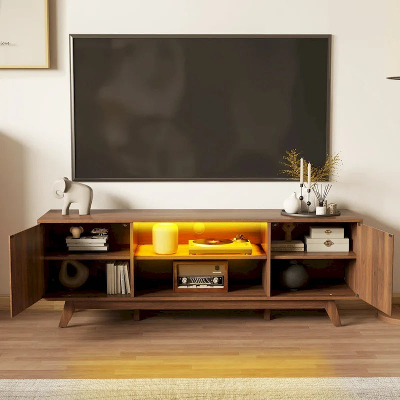 Meuble TV Mid-Century Noyer avec lumières LED RGB et portes à lattes – Pour téléviseurs jusqu'à 65 po