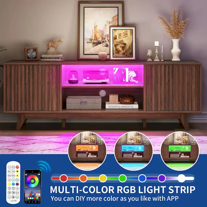 Meuble TV Mid-Century Noyer avec lumières LED RGB et portes à lattes – Pour téléviseurs jusqu'à 65 po