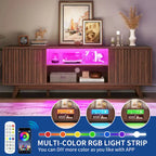 Meuble TV Mid-Century Noyer avec lumières LED RGB et portes à lattes – Pour téléviseurs jusqu'à 65 po