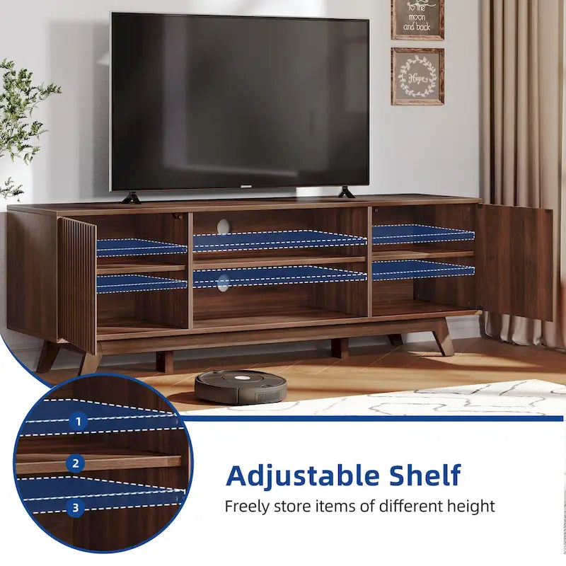 Meuble TV Mid-Century Noyer avec lumières LED RGB et portes à lattes – Pour téléviseurs jusqu'à 65 po