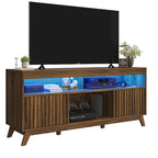 Meuble TV Mid-Century Noyer avec lumières LED RGB et portes à lattes – Pour téléviseurs jusqu'à 65 po