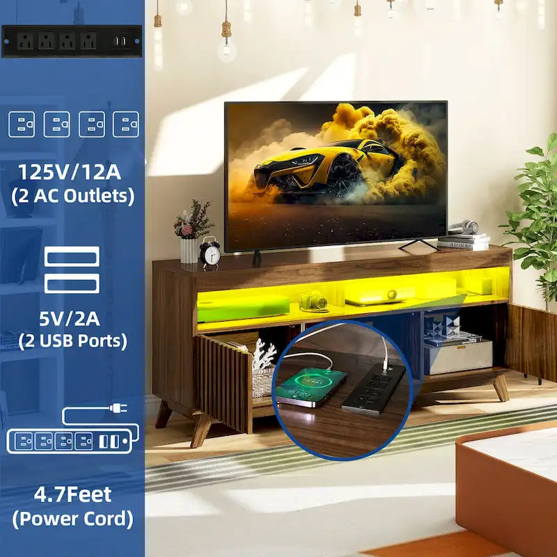 Meuble TV Mid-Century Noyer avec lumières LED RGB et portes à lattes – Pour téléviseurs jusqu'à 65 po