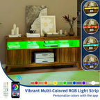 Meuble TV Mid-Century Noyer avec lumières LED RGB et portes à lattes – Pour téléviseurs jusqu'à 65 po