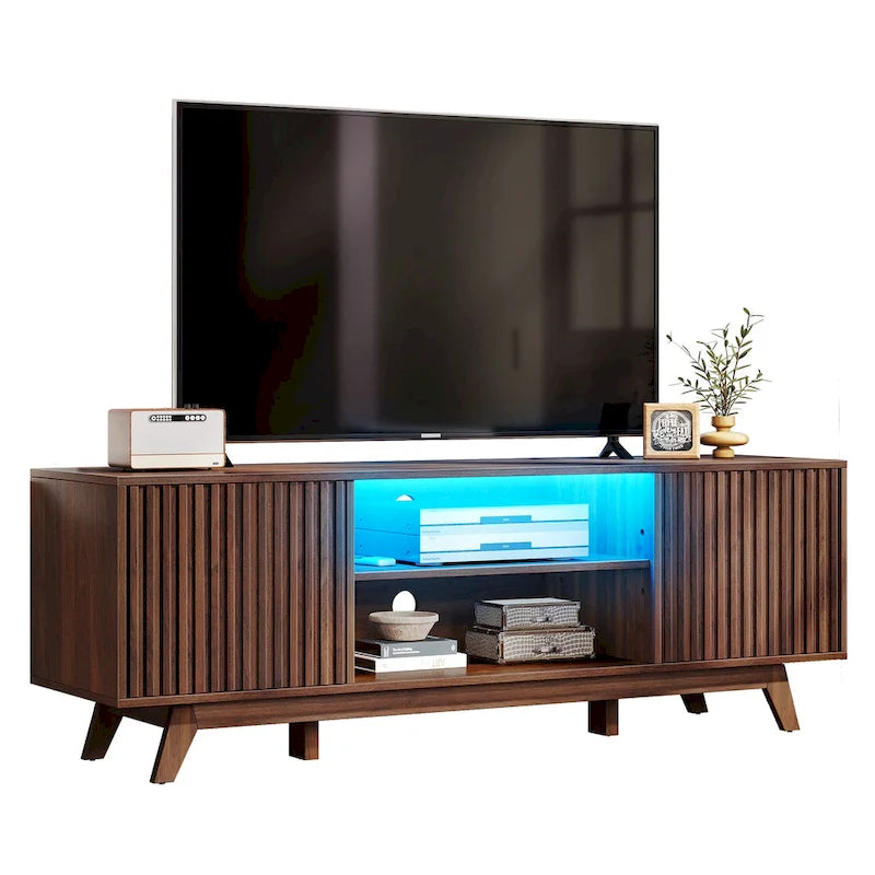 Meuble TV Mid-Century Noyer avec lumières LED RGB et portes à lattes – Pour téléviseurs jusqu'à 65 po