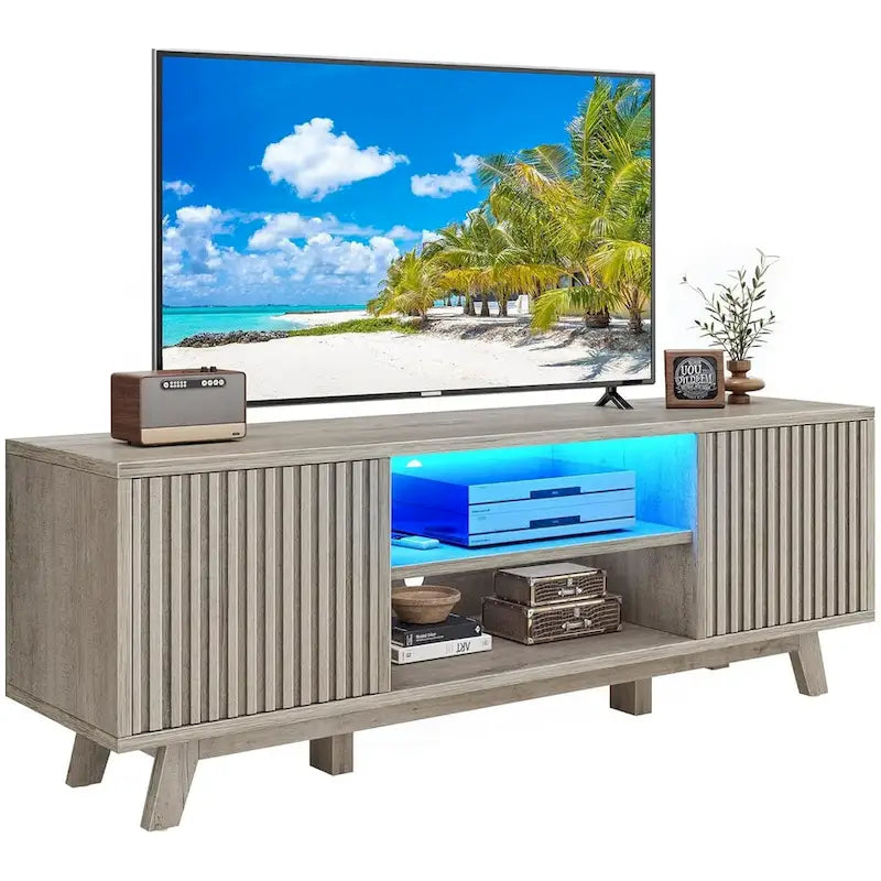 Meuble TV Mid-Century Noyer avec lumières LED RGB et portes à lattes – Pour téléviseurs jusqu'à 65 po