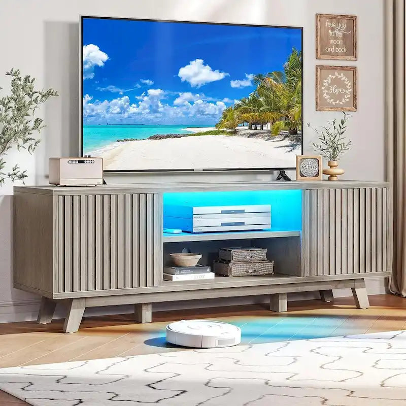Meuble TV Mid-Century Noyer avec lumières LED RGB et portes à lattes – Pour téléviseurs jusqu'à 65 po