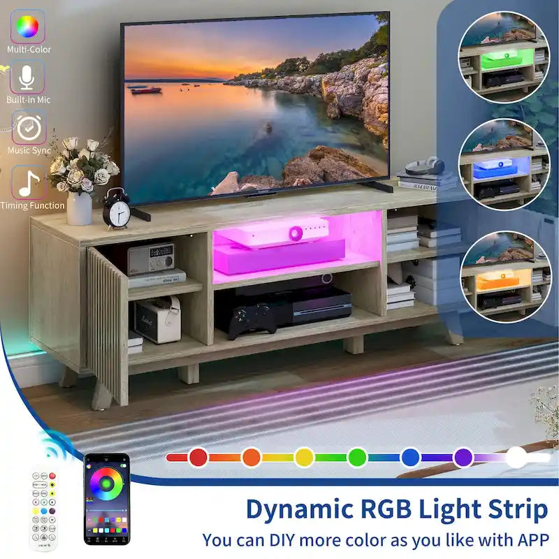 Meuble TV Mid-Century Noyer avec lumières LED RGB et portes à lattes – Pour téléviseurs jusqu'à 65 po