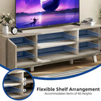 Meuble TV Mid-Century Noyer avec lumières LED RGB et portes à lattes – Pour téléviseurs jusqu'à 65 po