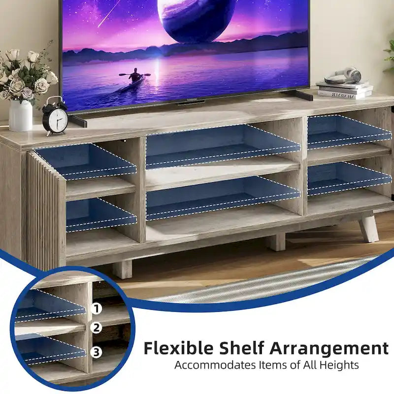 Meuble TV Mid-Century Noyer avec lumières LED RGB et portes à lattes – Pour téléviseurs jusqu'à 65 po