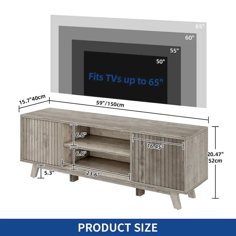 Meuble TV Mid-Century Noyer avec lumières LED RGB et portes à lattes – Pour téléviseurs jusqu'à 65 po