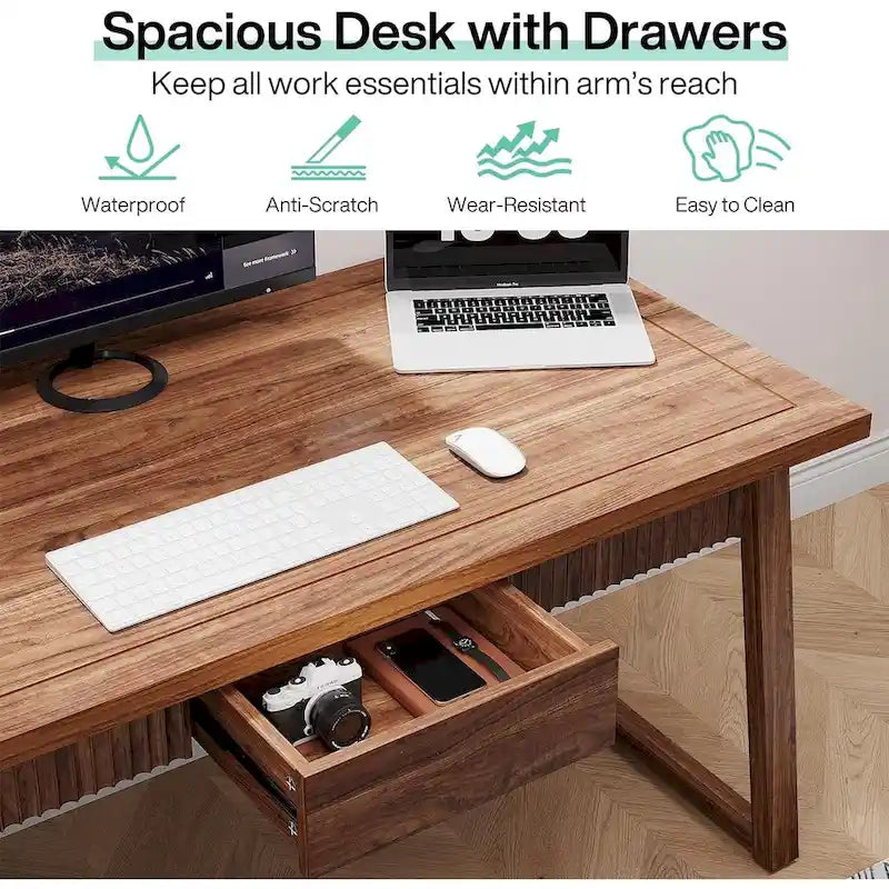 Bureau exécutif moderne du milieu du siècle noyer marron avec tiroir et pieds en bois massif - Usage unique