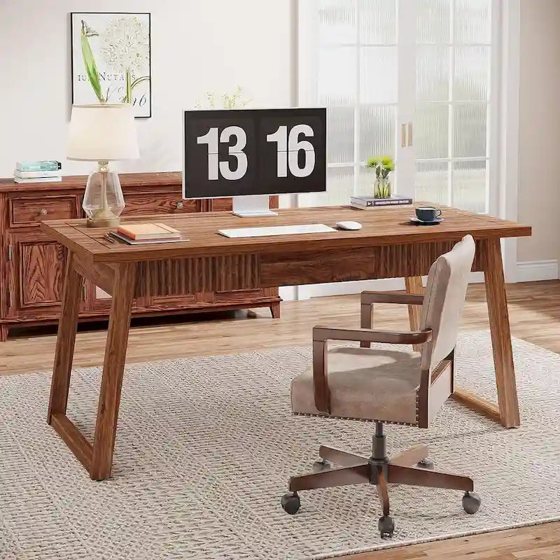 Bureau exécutif moderne du milieu du siècle noyer marron avec tiroir et pieds en bois massif - Usage unique