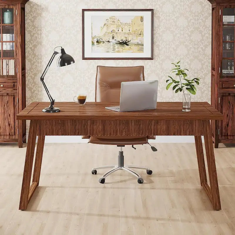 Bureau exécutif moderne du milieu du siècle noyer marron avec tiroir et pieds en bois massif - Usage unique